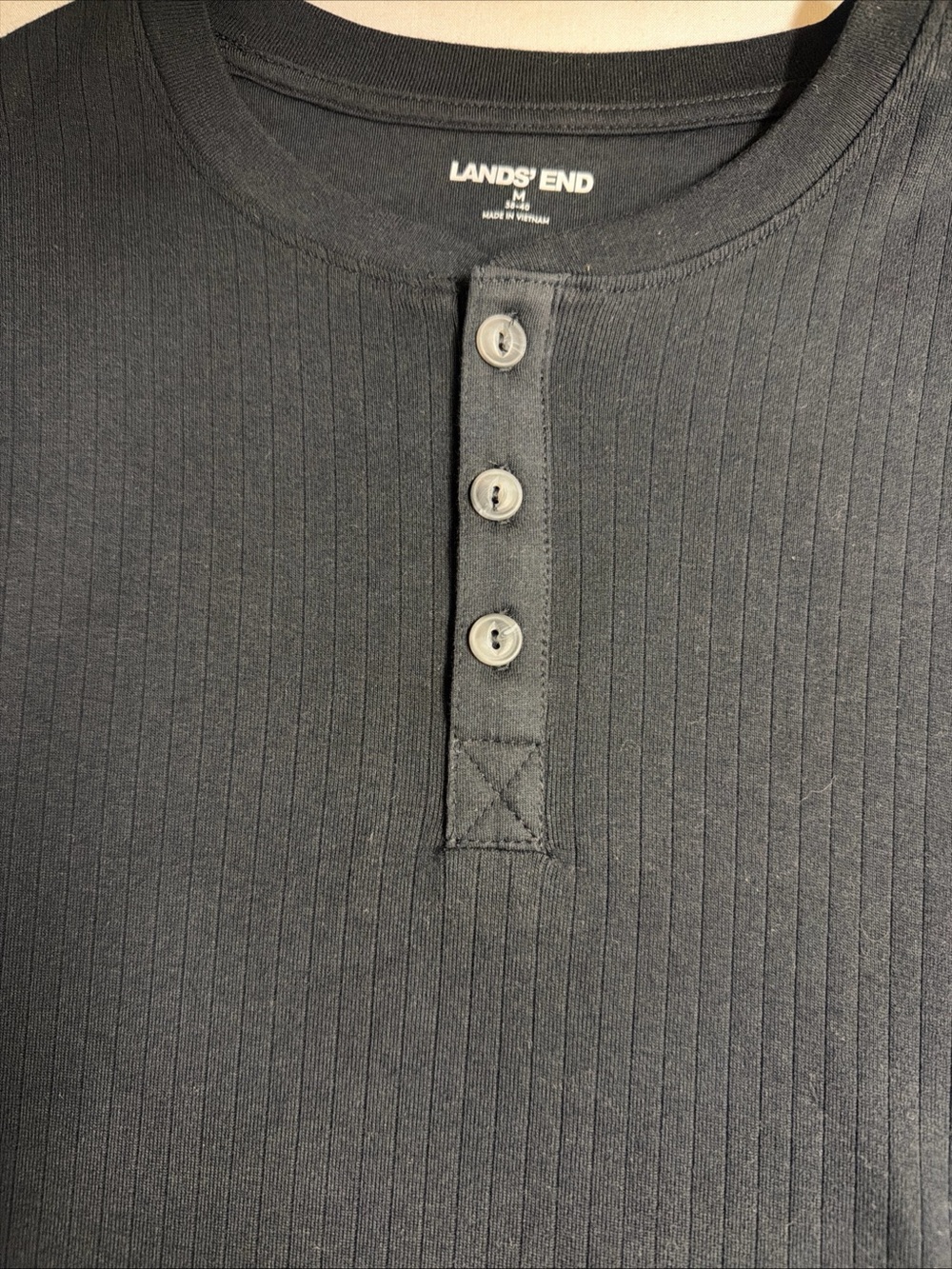 Lands' End Men's Black Ribbed Henley Long Sleeve